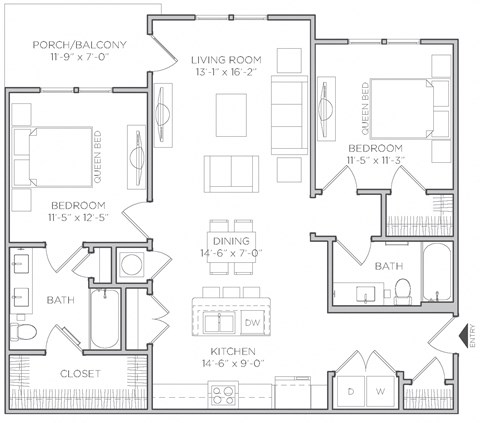Floor plan for 2 beds, 2 baths, 1085 sqft